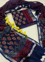 Linen Cotton Blue Casual Wear Bagru Print Dress Material